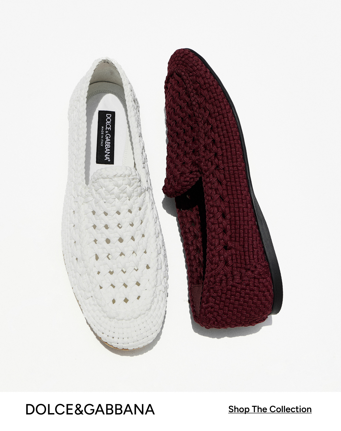 AMIRI campaign banner — slip-on sneaker, logo cap, and chunky sneaker in white, black & blue — Shop The Designer