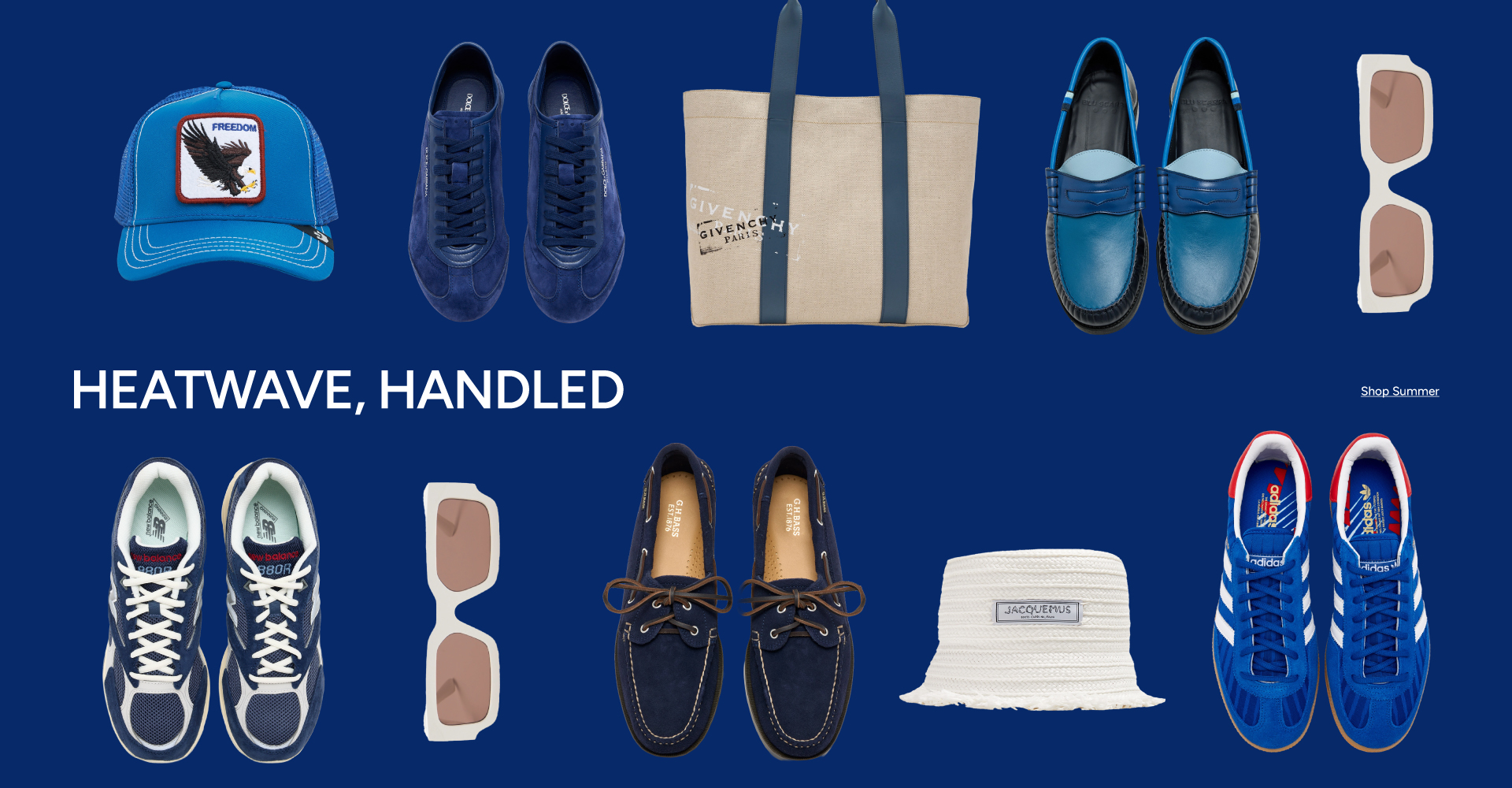 Stars, Stripes & Summer — Shop The Edit featuring sneakers, loafers, boat shoes, bucket hat, baseball cap, sunglasses, and slides