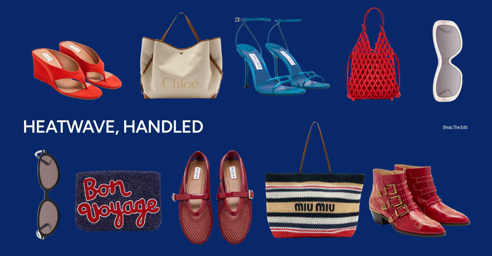 Stars, Stripes & Summer campaign banner — Chloé tote, denim cap, Alaia flats, Jimmy Choo sandals, studded boots & sunglasses. Shop The Edit.