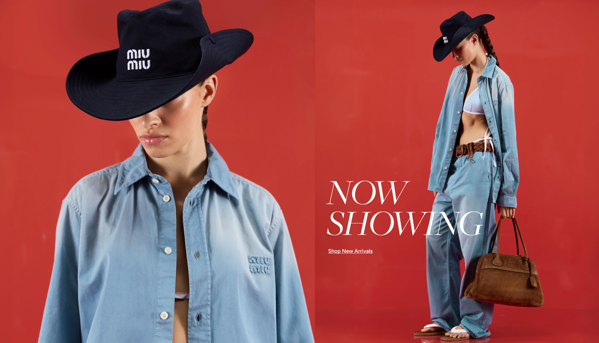Miu Miu 'Stars, Stripes & Summer' campaign — model in denim shirt and navy logo hat against red background — Shop New In