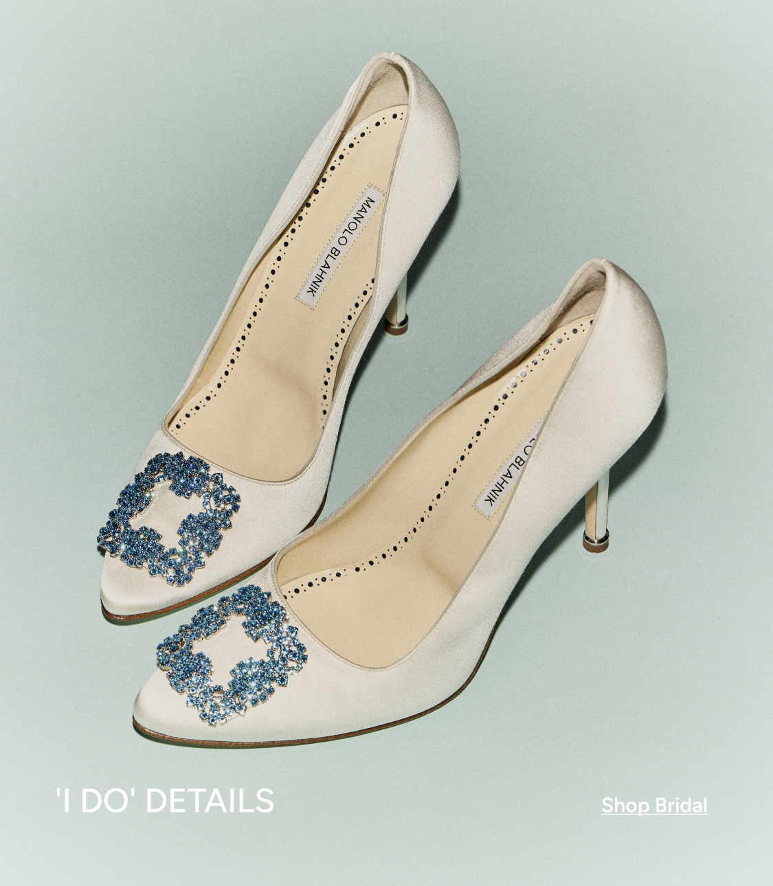 Manolo Blahnik ivory satin Hangisi pumps with blue crystal buckles — 'I Do' Details, Shop Bridal
