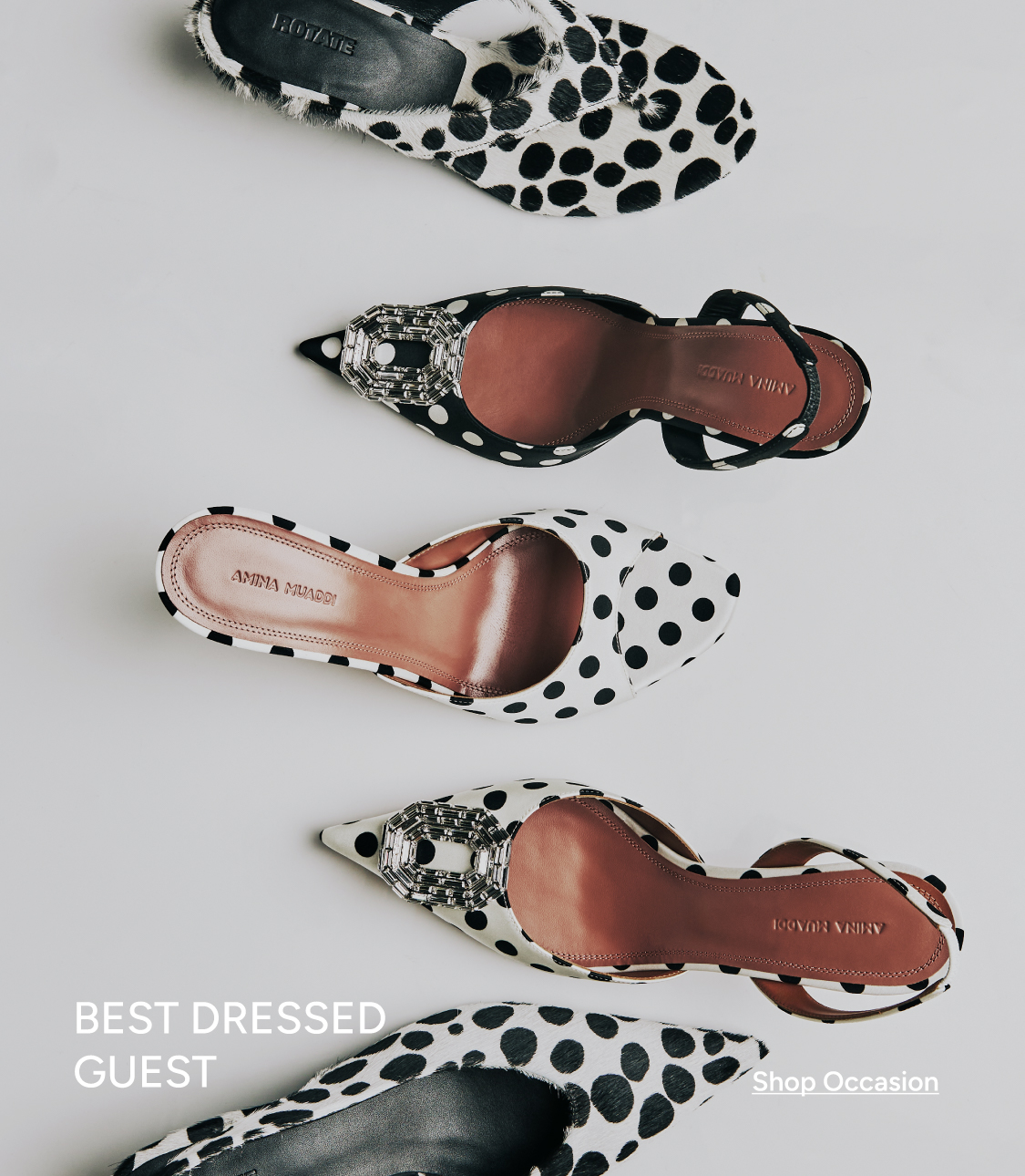 Best Dressed Guest — Amina Muaddi & Rotate black-and-white polka dot shoes flat lay. Shop Occasion.