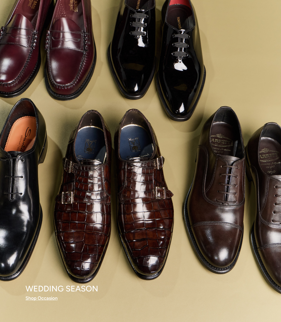 Wedding Season — Shop Occasion banner featuring men's dress shoes including loafers, patent oxfords, croc monk straps, and cap-toes