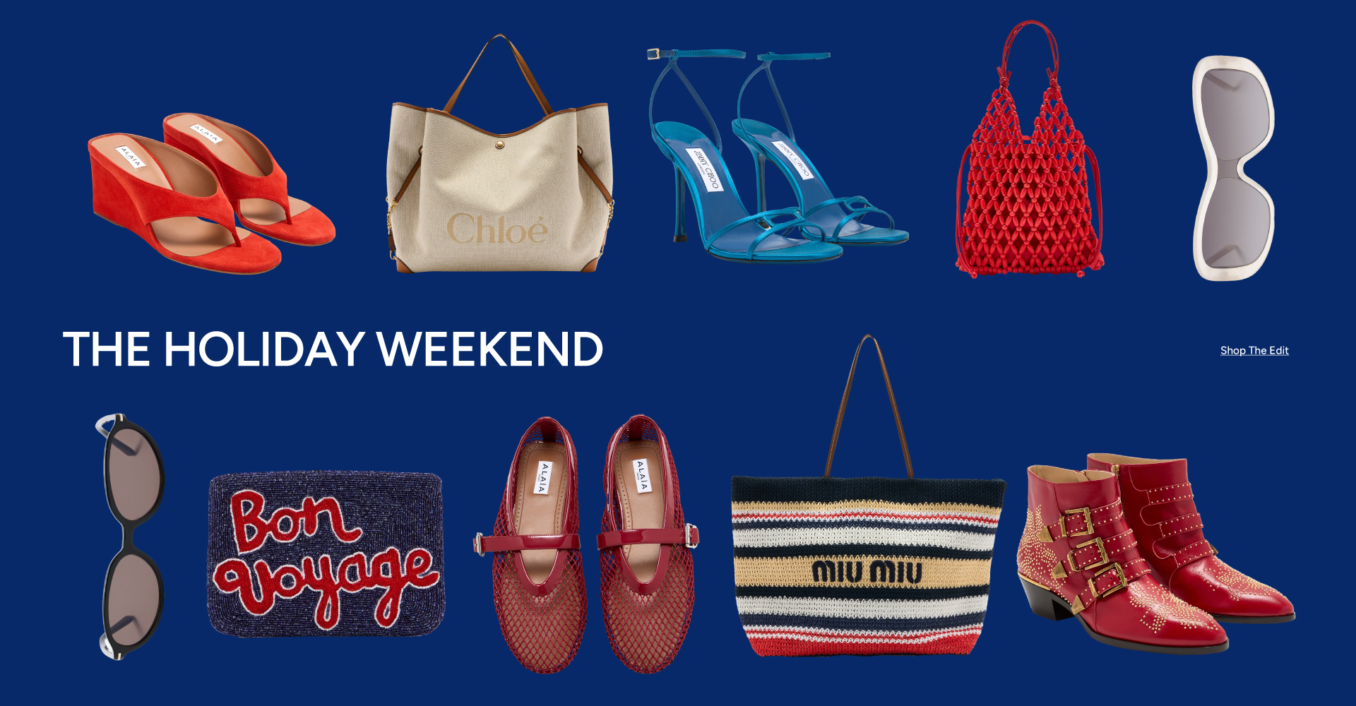 Stars, Stripes & Summer campaign banner — Chloé tote, denim cap, Alaia flats, Jimmy Choo sandals, studded boots & sunglasses. Shop The Edit.