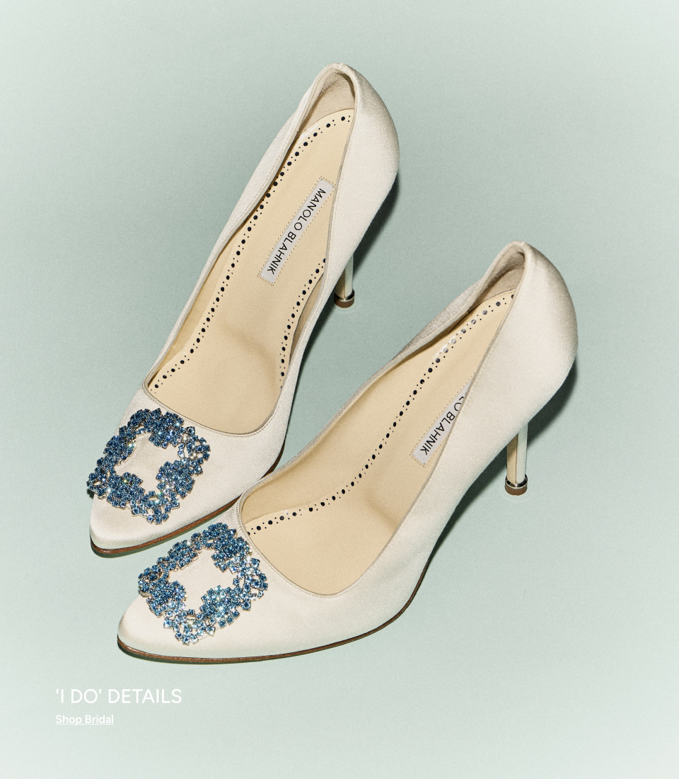 Manolo Blahnik ivory satin heels with blue crystal buckle — 'I Do' Details, Shop Bridal