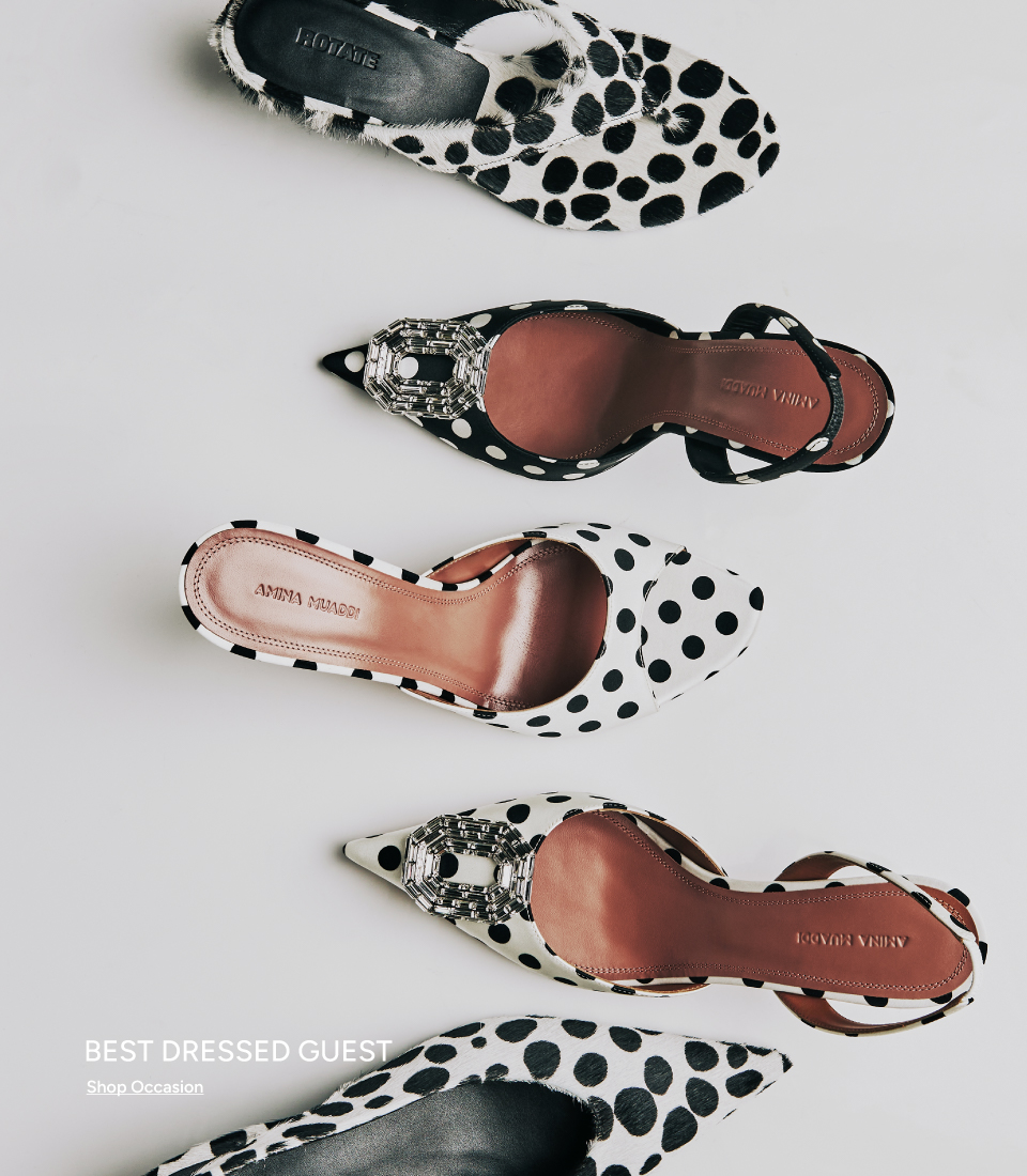 Best Dressed Guest — Shop Occasion. Amina Muaddi black-and-white polka dot pointed-toe mules and slingbacks with crystal buckles.