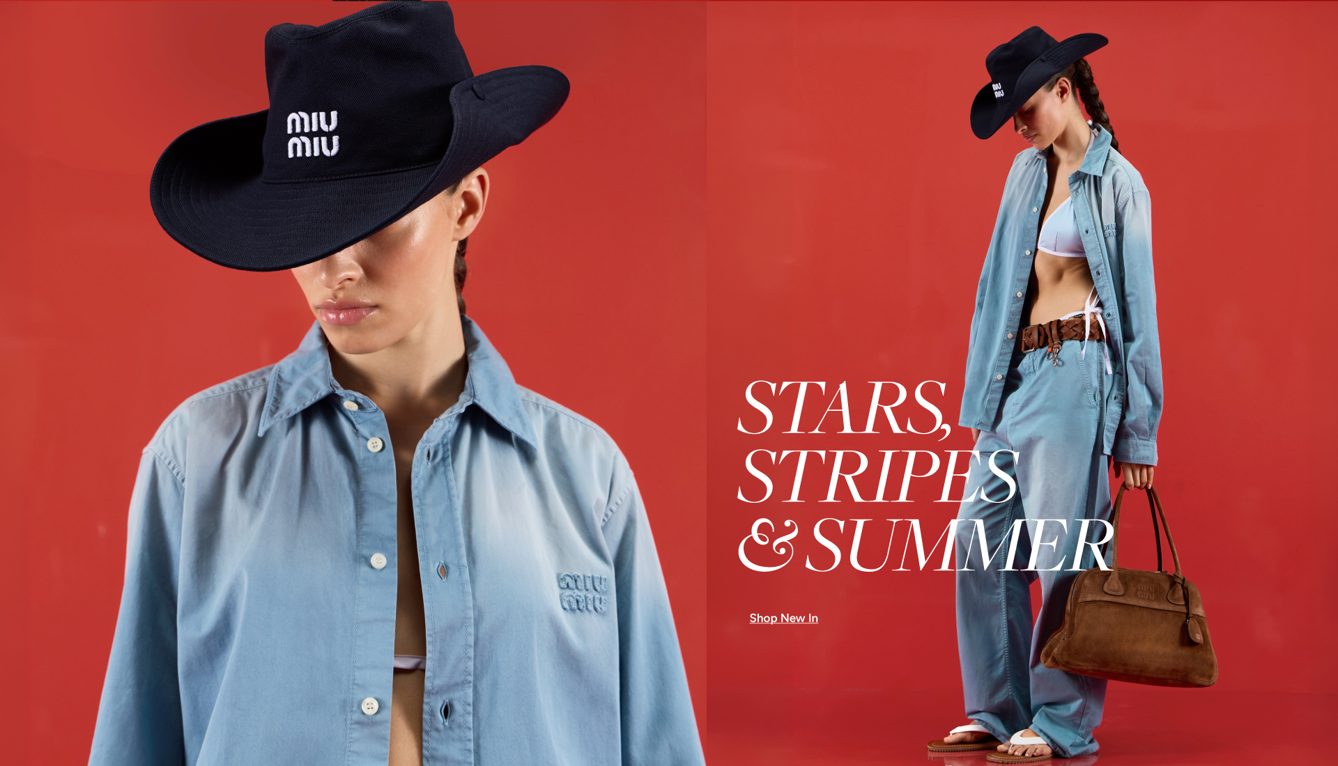 Miu Miu 'Stars, Stripes & Summer' campaign — model in denim shirt and navy logo hat against red background — Shop New In